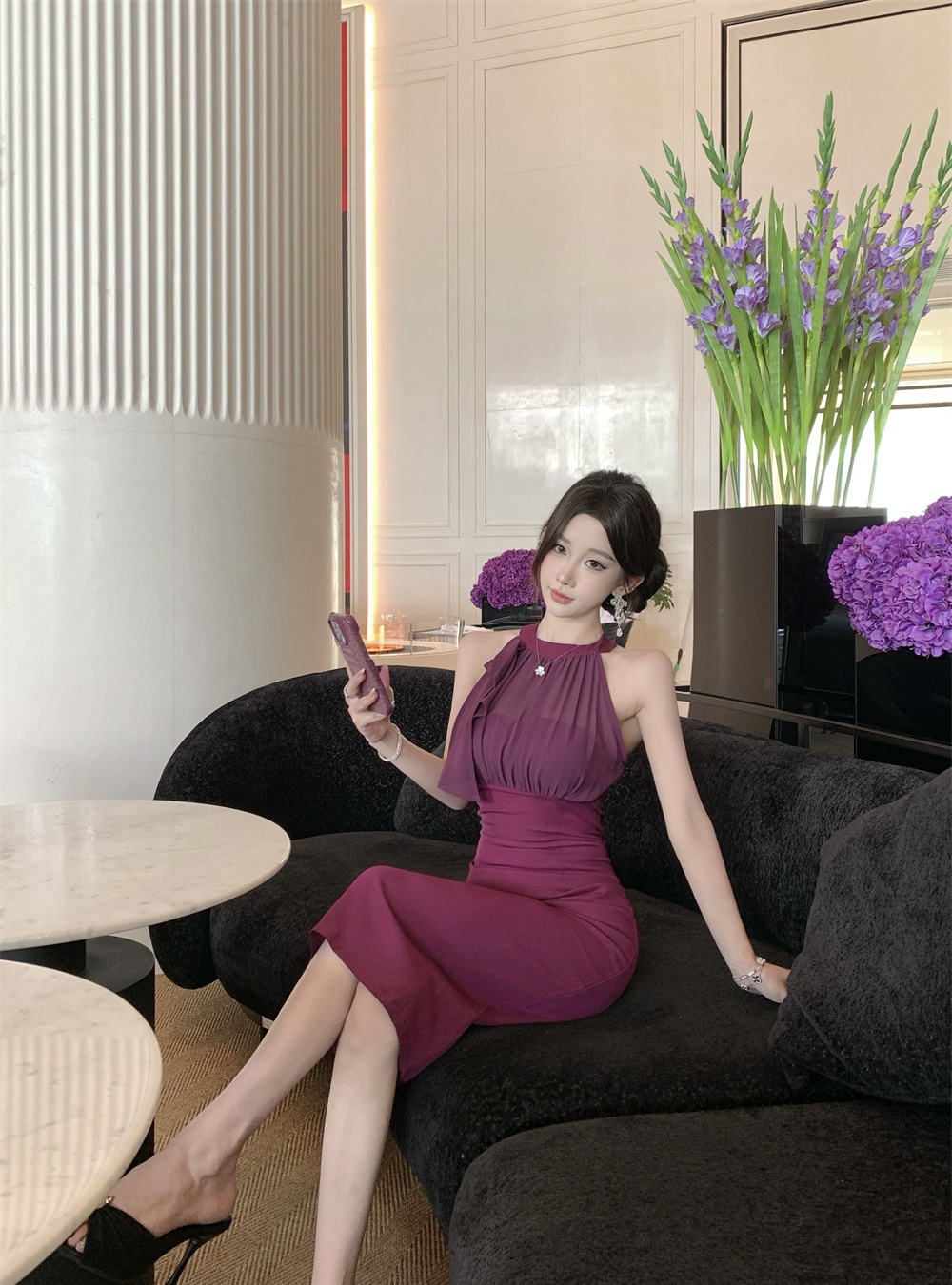 Halter slim dress pinched waist long dress