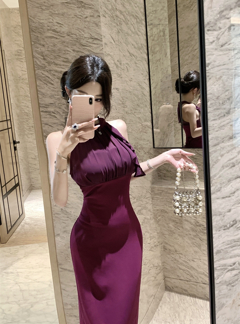 Halter slim dress pinched waist long dress