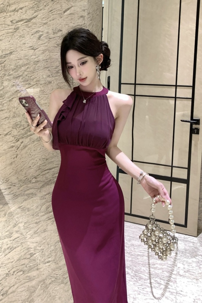 Halter slim dress pinched waist long dress