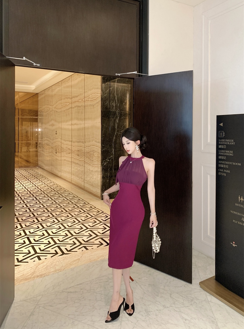Halter slim dress pinched waist long dress