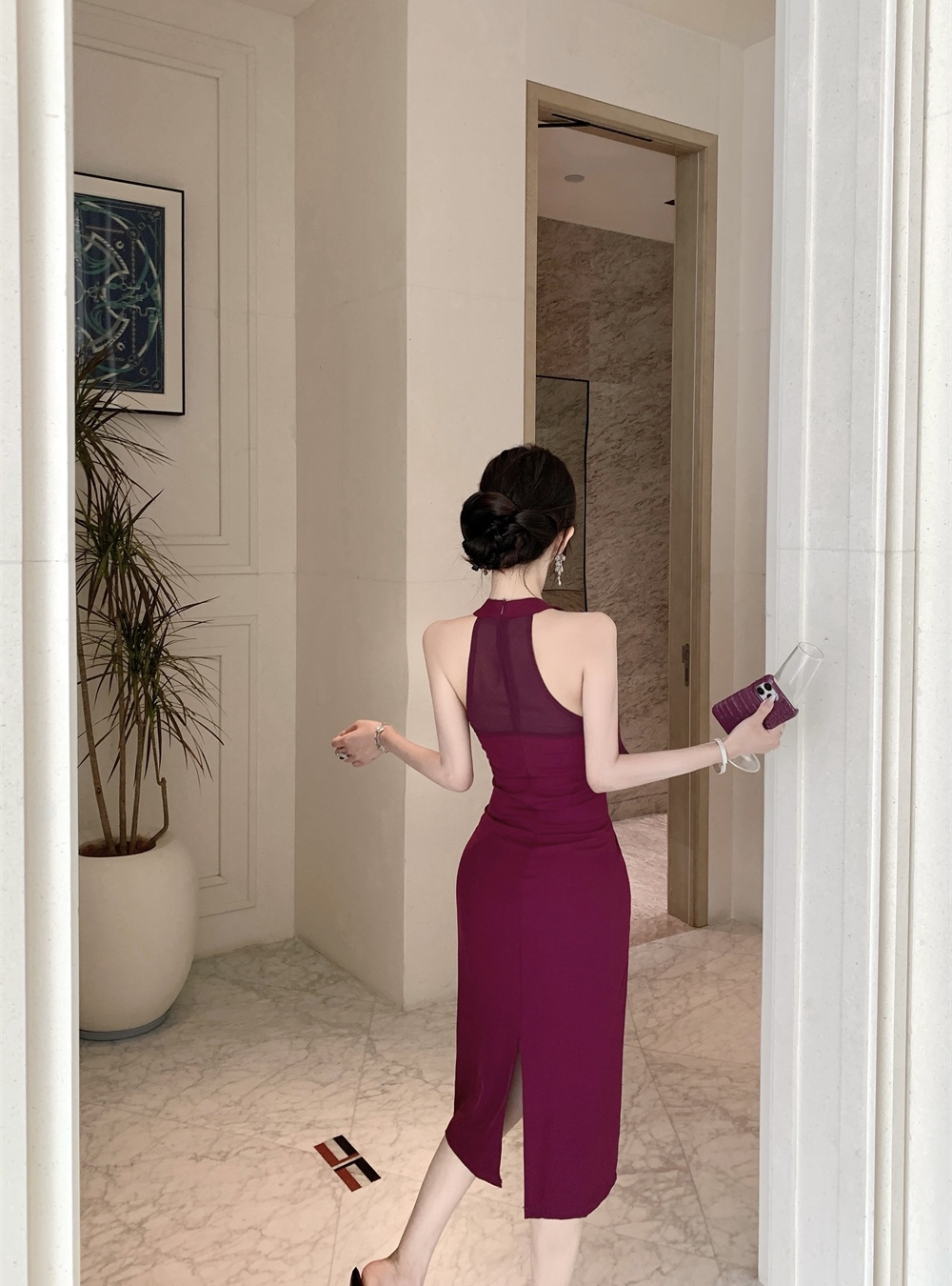 Halter slim dress pinched waist long dress