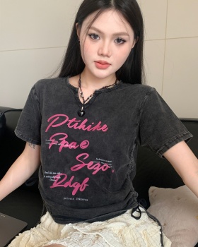 Short drawstring retro washed American style T-shirt