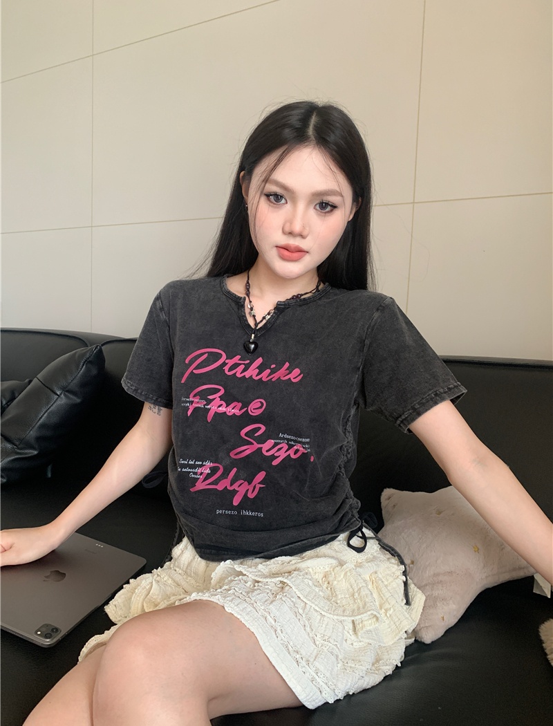 Short drawstring retro washed American style T-shirt