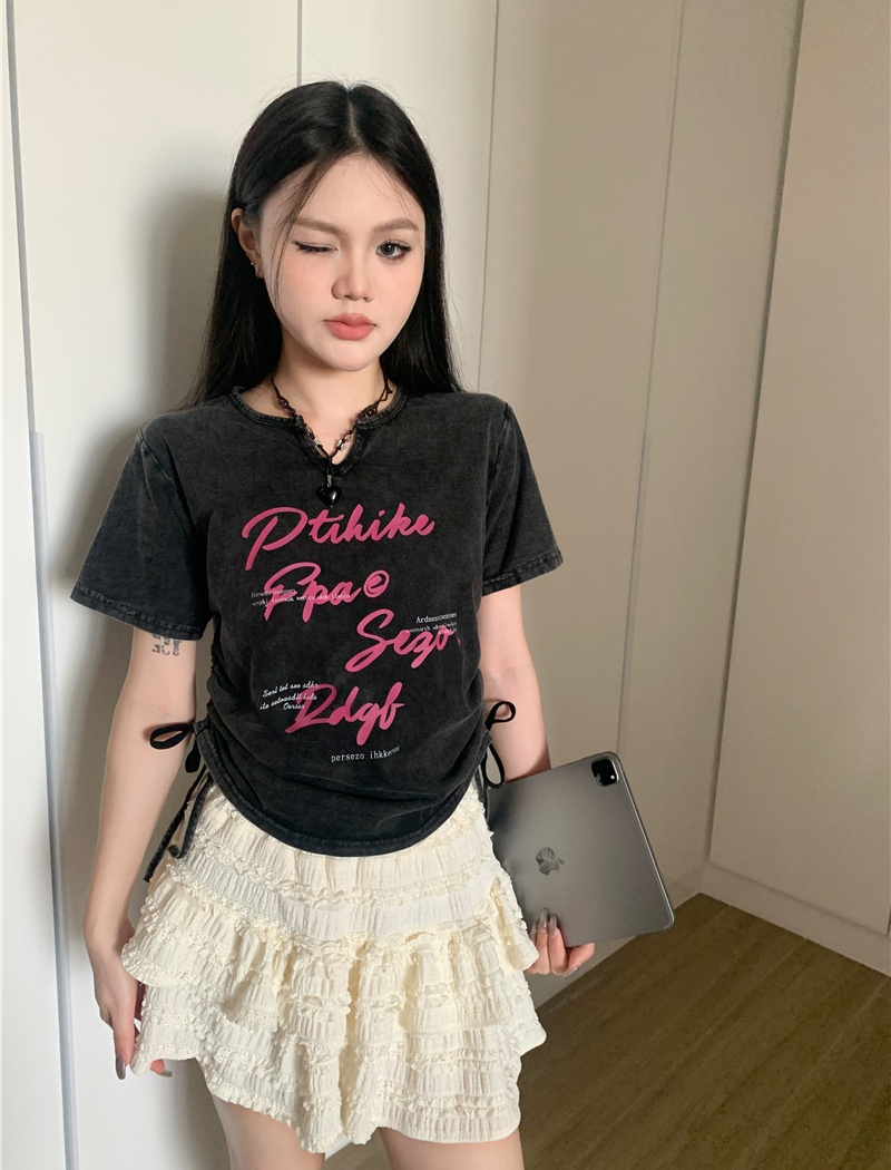 Short drawstring retro washed American style T-shirt