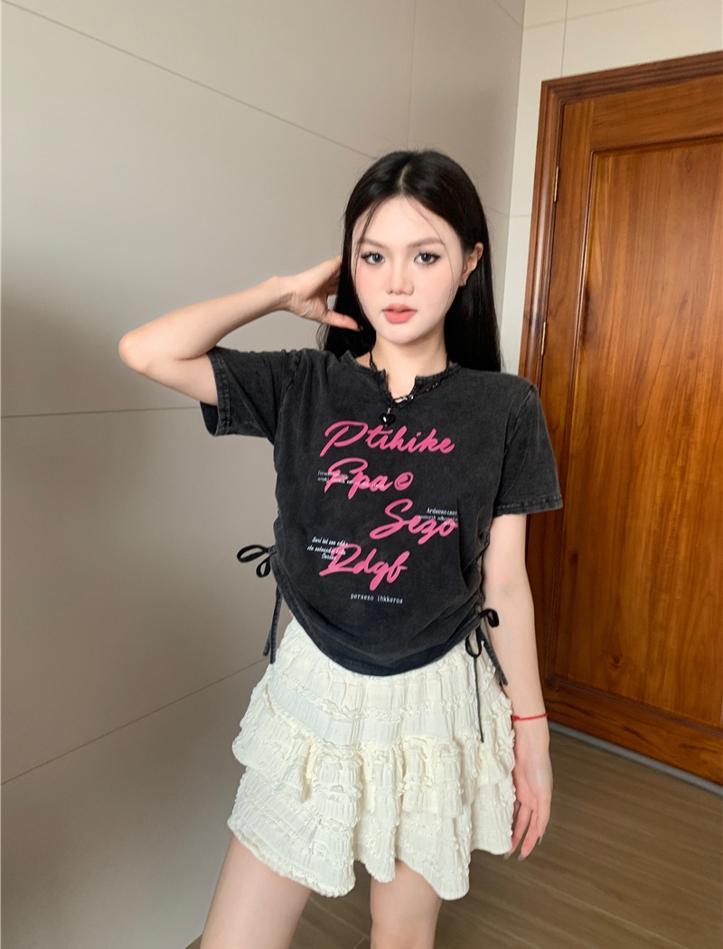 Short drawstring retro washed American style T-shirt
