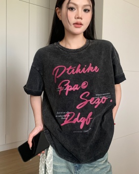 American style washed drawstring spicegirl short retro T-shirt