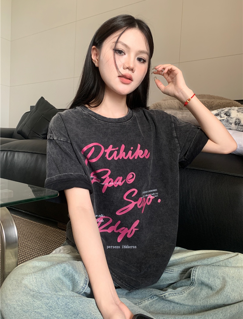 American style washed drawstring spicegirl short retro T-shirt