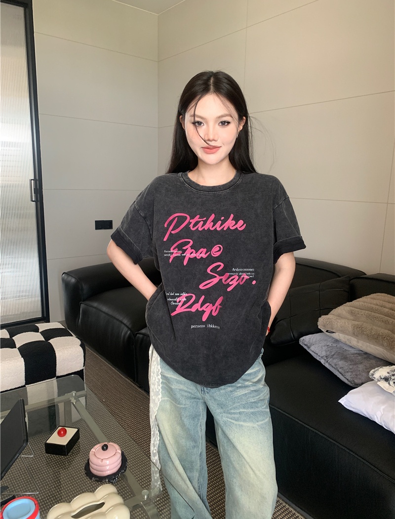 American style washed drawstring spicegirl short retro T-shirt