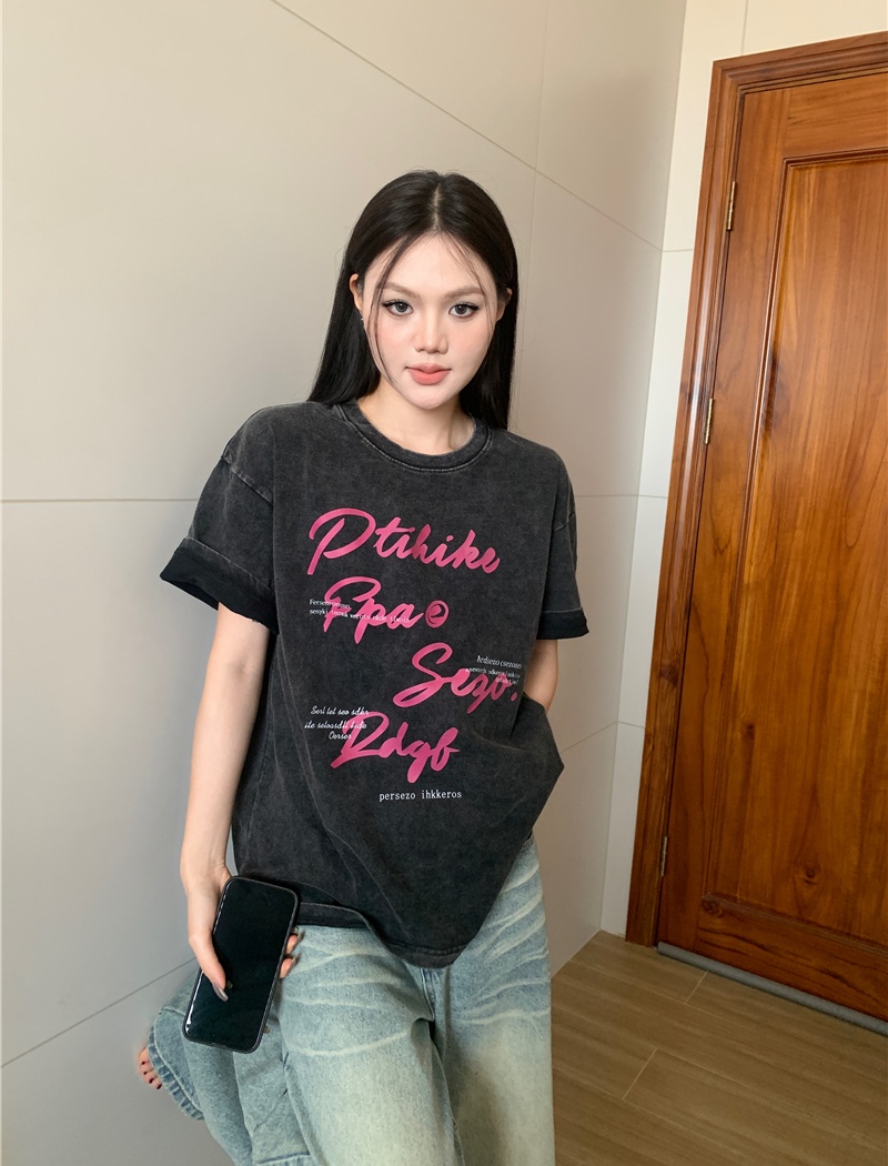 American style washed drawstring spicegirl short retro T-shirt
