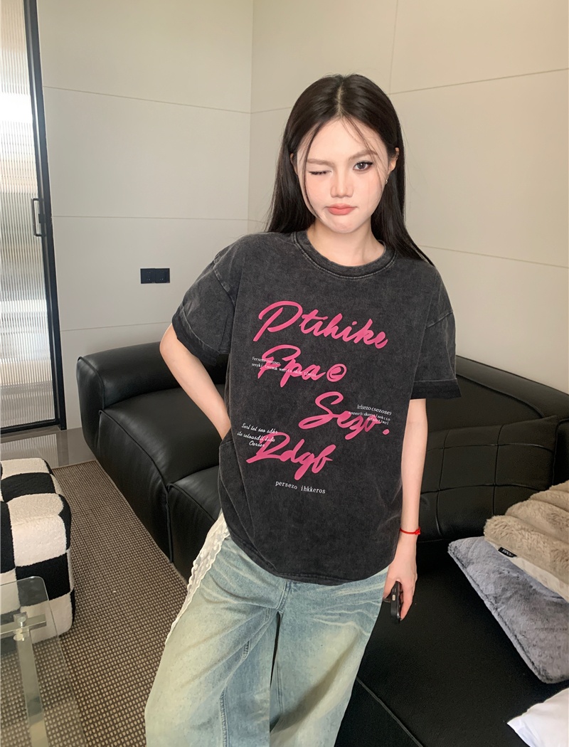 American style washed drawstring spicegirl short retro T-shirt