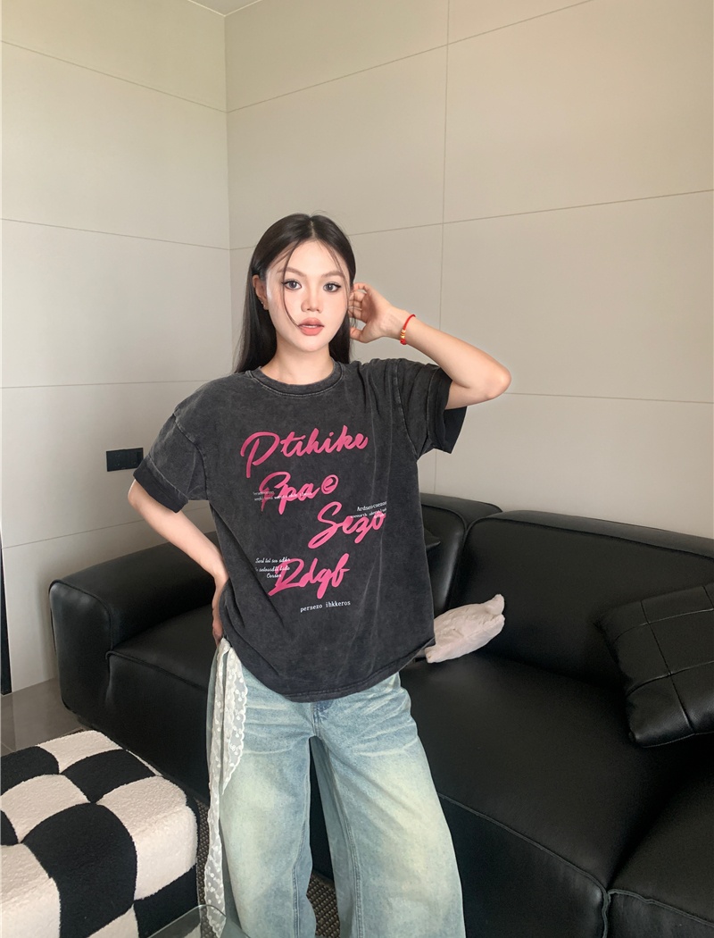American style washed drawstring spicegirl short retro T-shirt