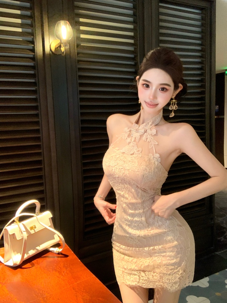 Lace Chinese style short chest pad commuting dress