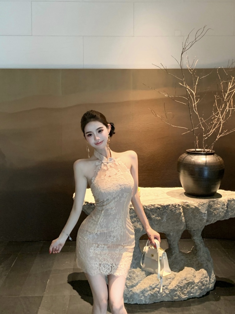 Lace Chinese style short chest pad commuting dress