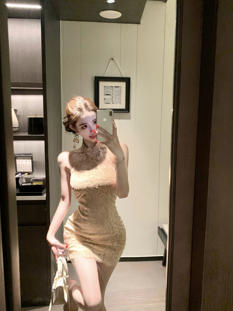 Lace Chinese style short chest pad commuting dress