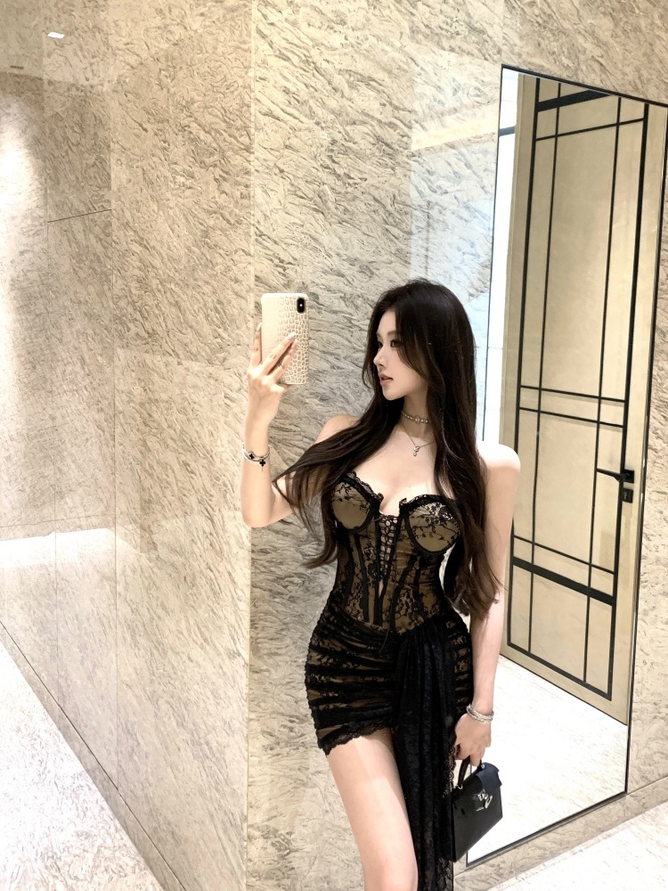 Hollow slim black streamer chest pad spicegirl short dress