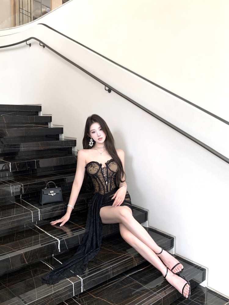 Hollow slim black streamer chest pad spicegirl short dress