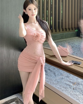 Lace spicegirl splice hollow short sloping shoulder dress