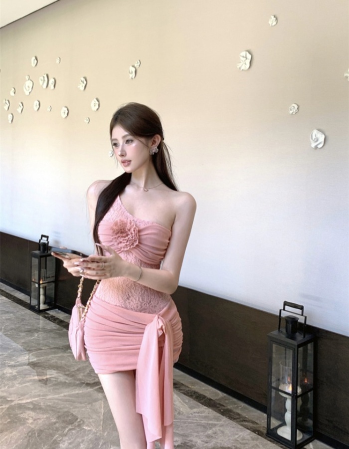 Lace spicegirl splice hollow short sloping shoulder dress