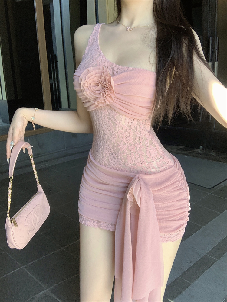 Lace spicegirl splice hollow short sloping shoulder dress