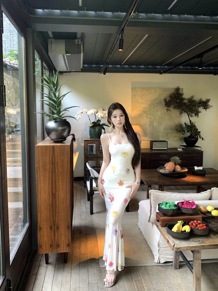 Long printing gauze flowers sling slim dress