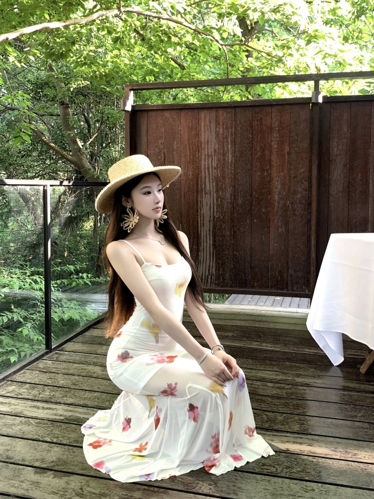 Long printing gauze flowers sling slim dress
