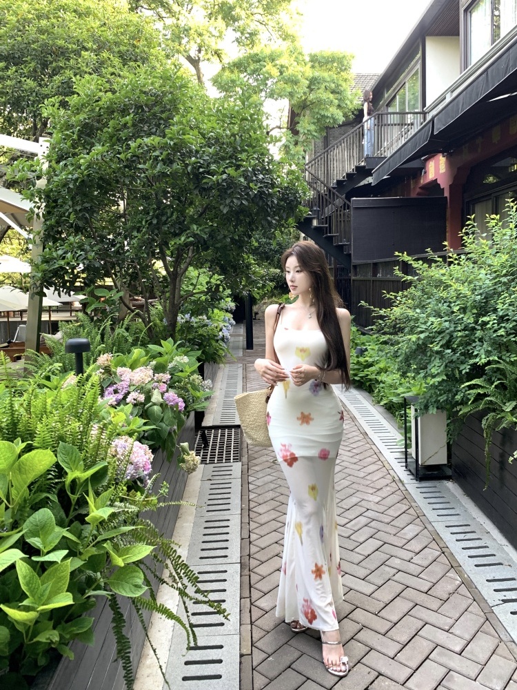 Long printing gauze flowers sling slim dress