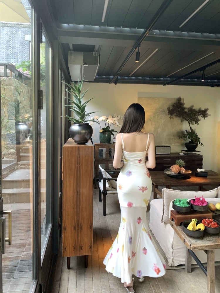 Long printing gauze flowers sling slim dress