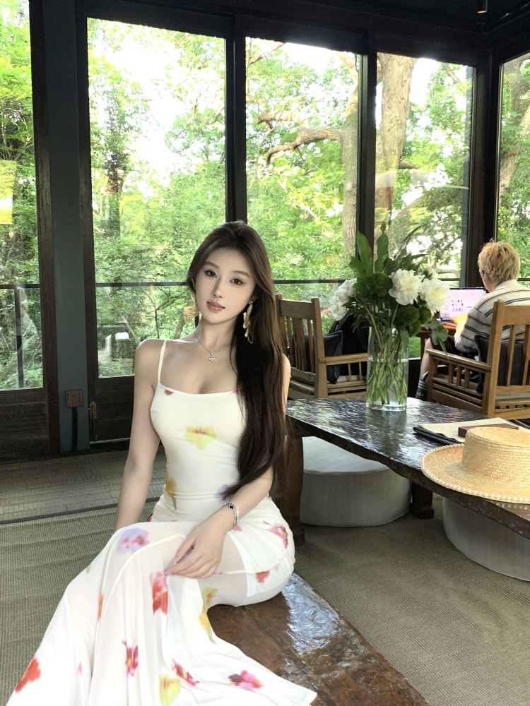 Long printing gauze flowers sling slim dress