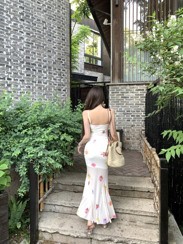 Long printing gauze flowers sling slim dress