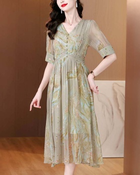 Feather printing silk colors V-neck real silk dress