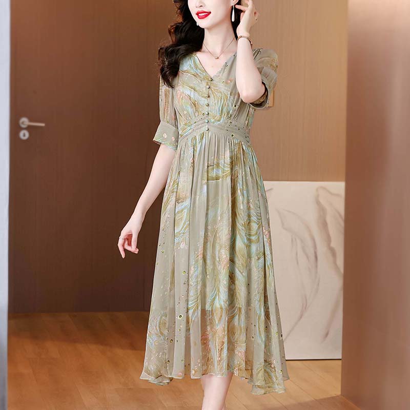 Feather printing silk colors V-neck real silk dress