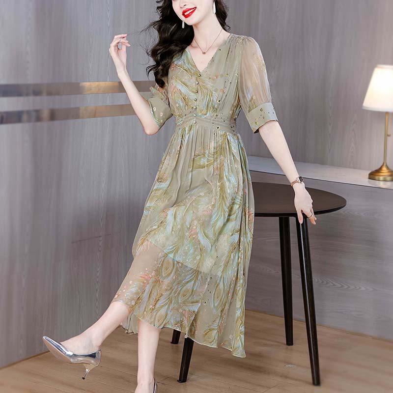 Feather printing silk colors V-neck real silk dress