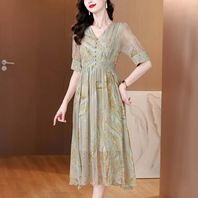 Feather printing silk colors V-neck real silk dress