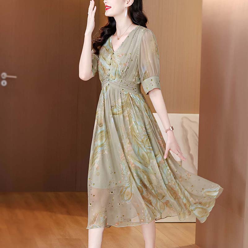 Feather printing silk colors V-neck real silk dress