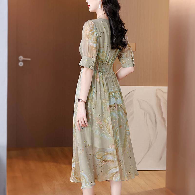 Feather printing silk colors V-neck real silk dress