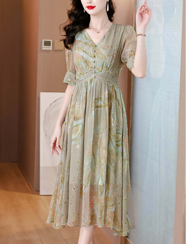 Feather printing silk colors V-neck real silk dress