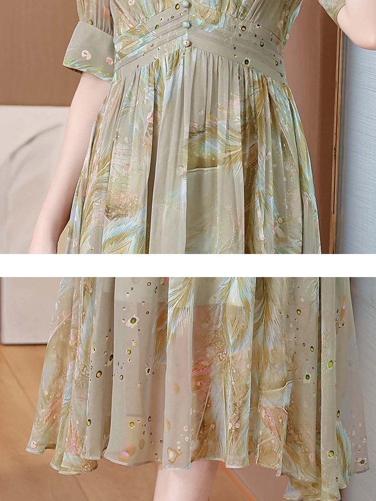 Feather printing silk colors V-neck real silk dress
