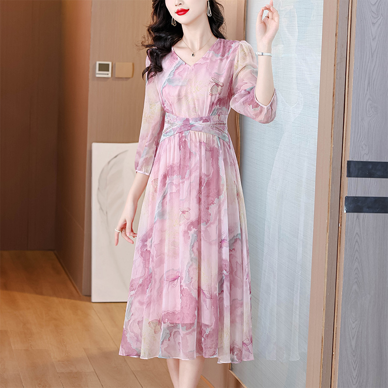 Temperament France style tender real silk pink dress