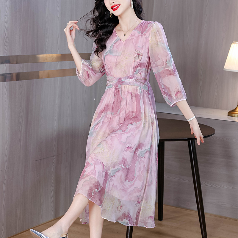 Temperament France style tender real silk pink dress