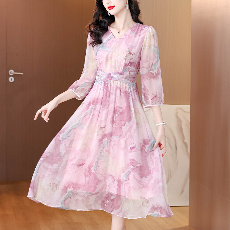 Temperament France style tender real silk pink dress