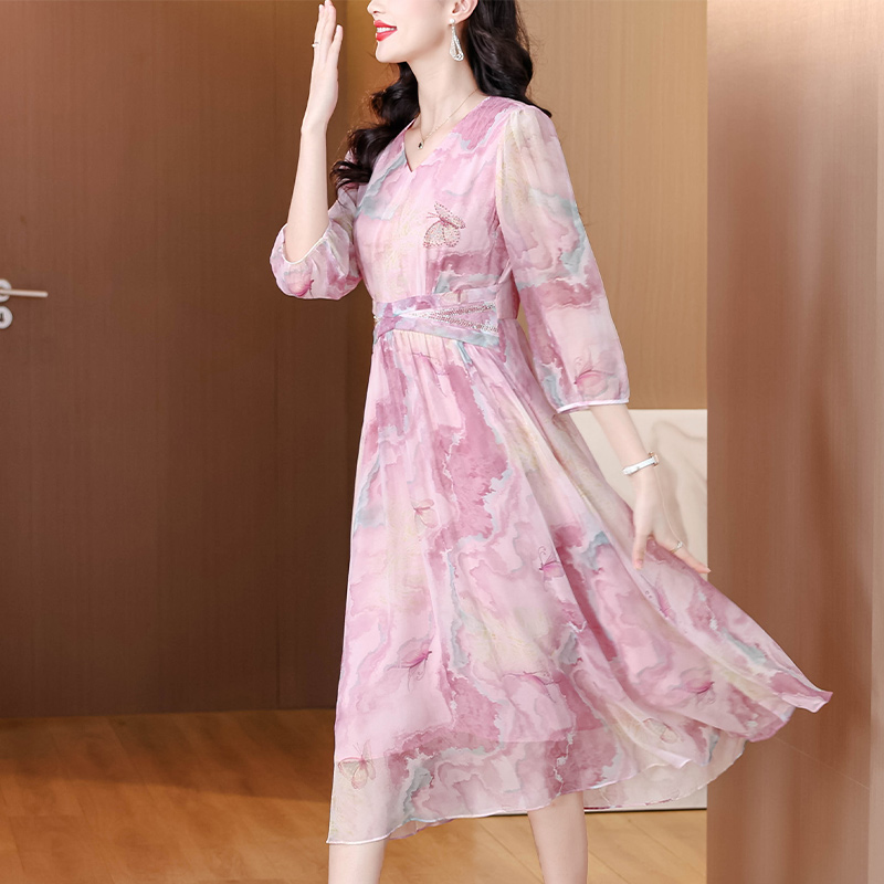 Temperament France style tender real silk pink dress