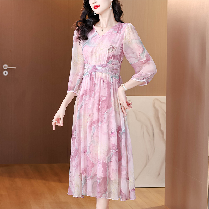 Temperament France style tender real silk pink dress