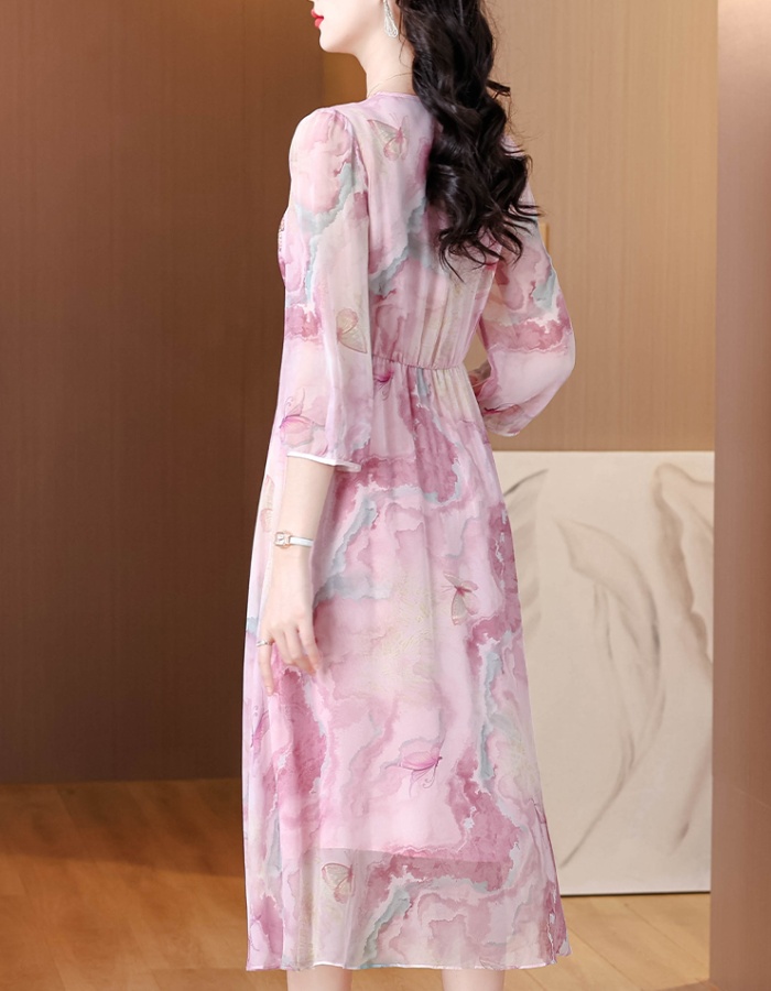 Temperament France style tender real silk pink dress
