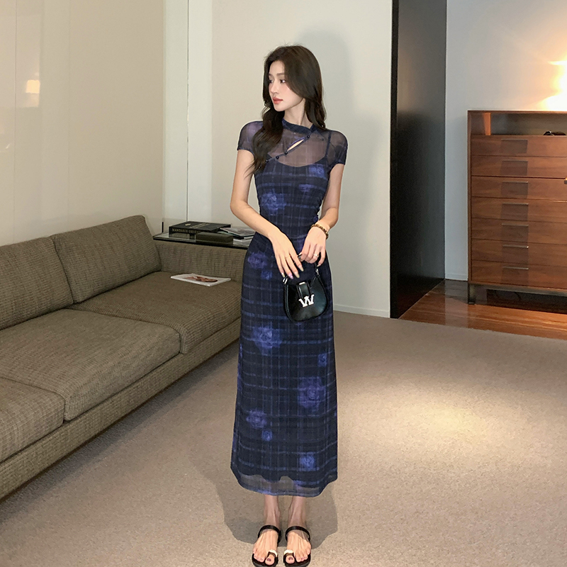 Retro pinched waist cheongsam summer dress for women