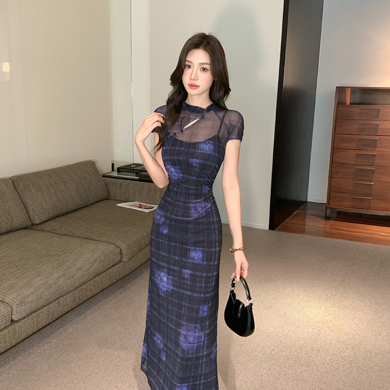 Retro pinched waist cheongsam summer dress for women