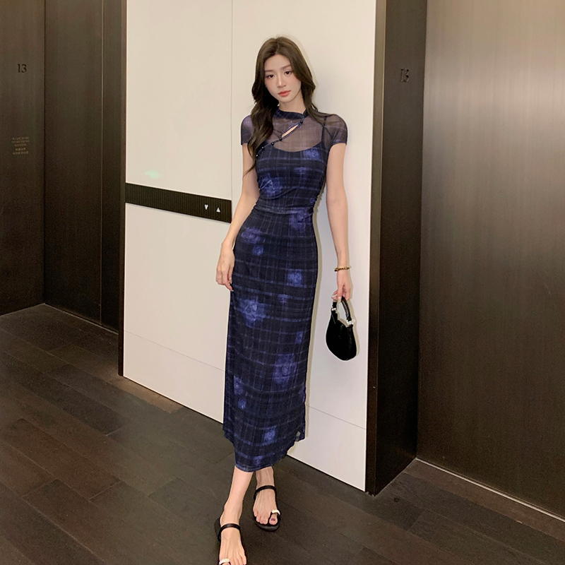 Retro pinched waist cheongsam summer dress for women