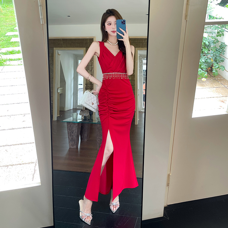 Split pleated summer long dress temperament fashion dress