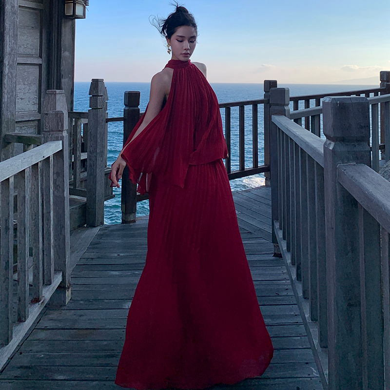 Chiffon streamer long skirt vacation tops a set