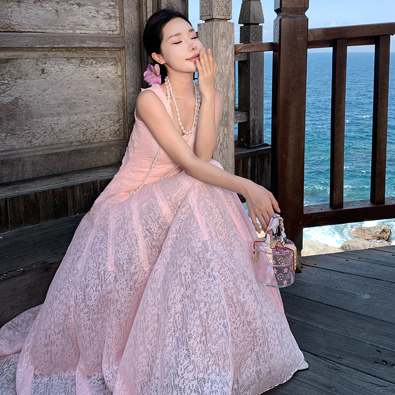 Long lace pink dress