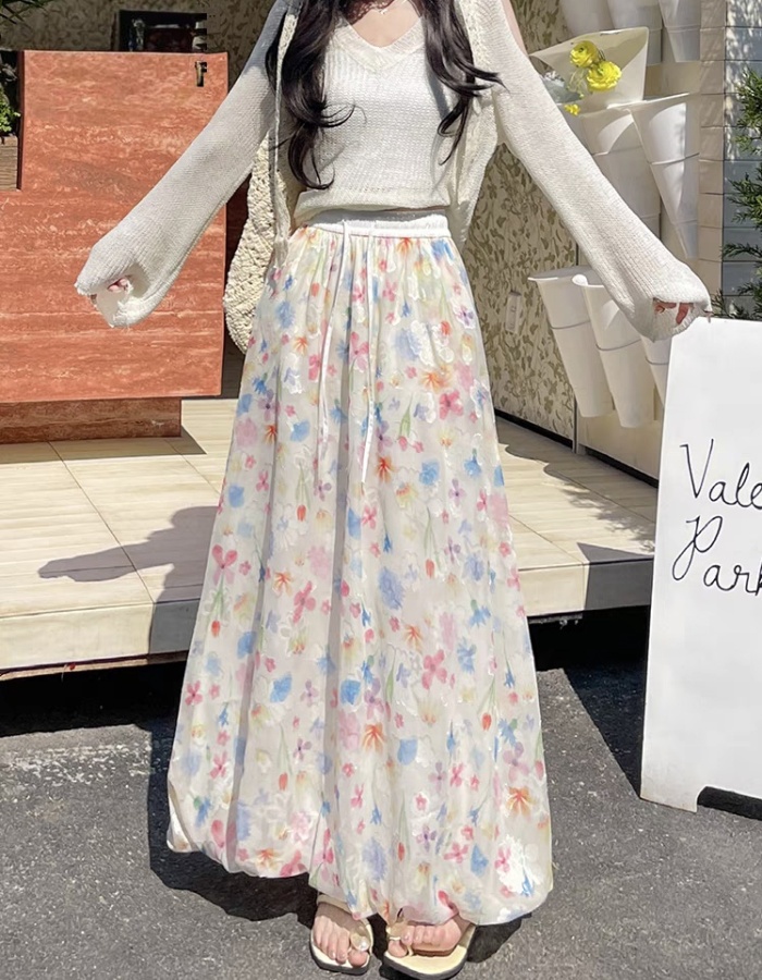 A-line floral summer puff skirt sweet bud long dress
